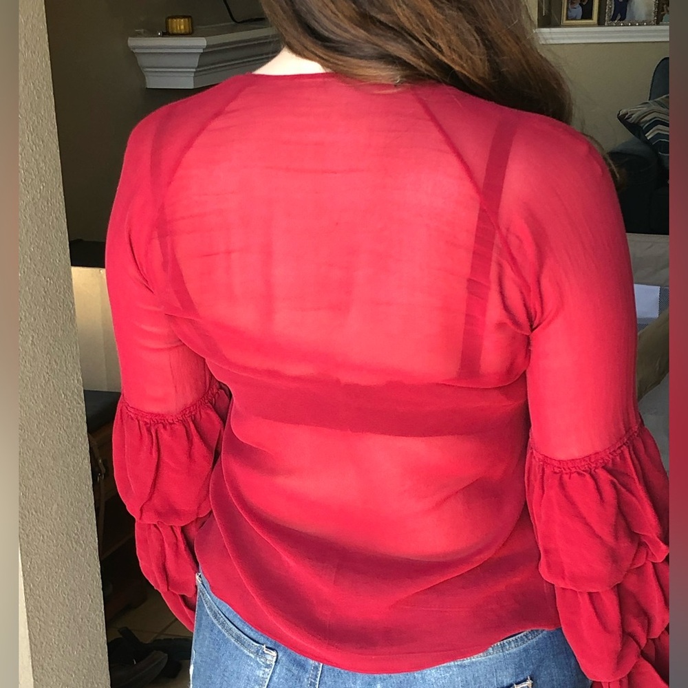 Vivienne Tam Red Silk Sheer Blouse Puffy Sleeves Vintage 90s - Picture 3 of 8